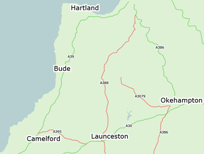 A map of are electrical services coverage showing Bude & Stratton, Hartland, Okehampton, Launceston and Camelford